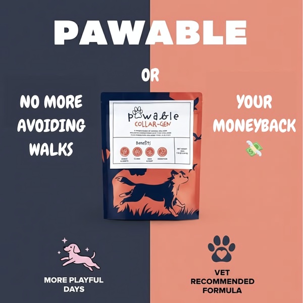 A 1:1 ratio ad creative featuring a direct split-screen layout contrasting the pain of avoiding walks with the benefit of the supplement.